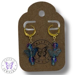Handmade Gold Round Leverback Earrings with Blue & Purple Butterfly Beads